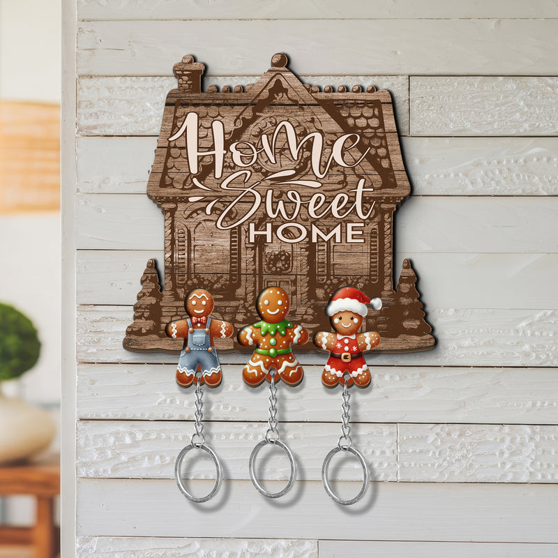 Wooden Key Holder for wall - Unique Housewarming Gift | Useful Key Ring Organizer - Gingerbread men