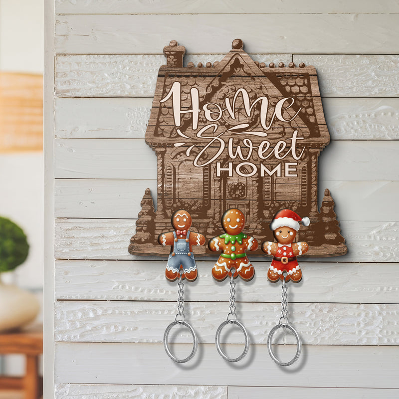 Wooden Key Holder for wall - Unique Housewarming Gift | Useful Key Ring Organizer - Gingerbread men