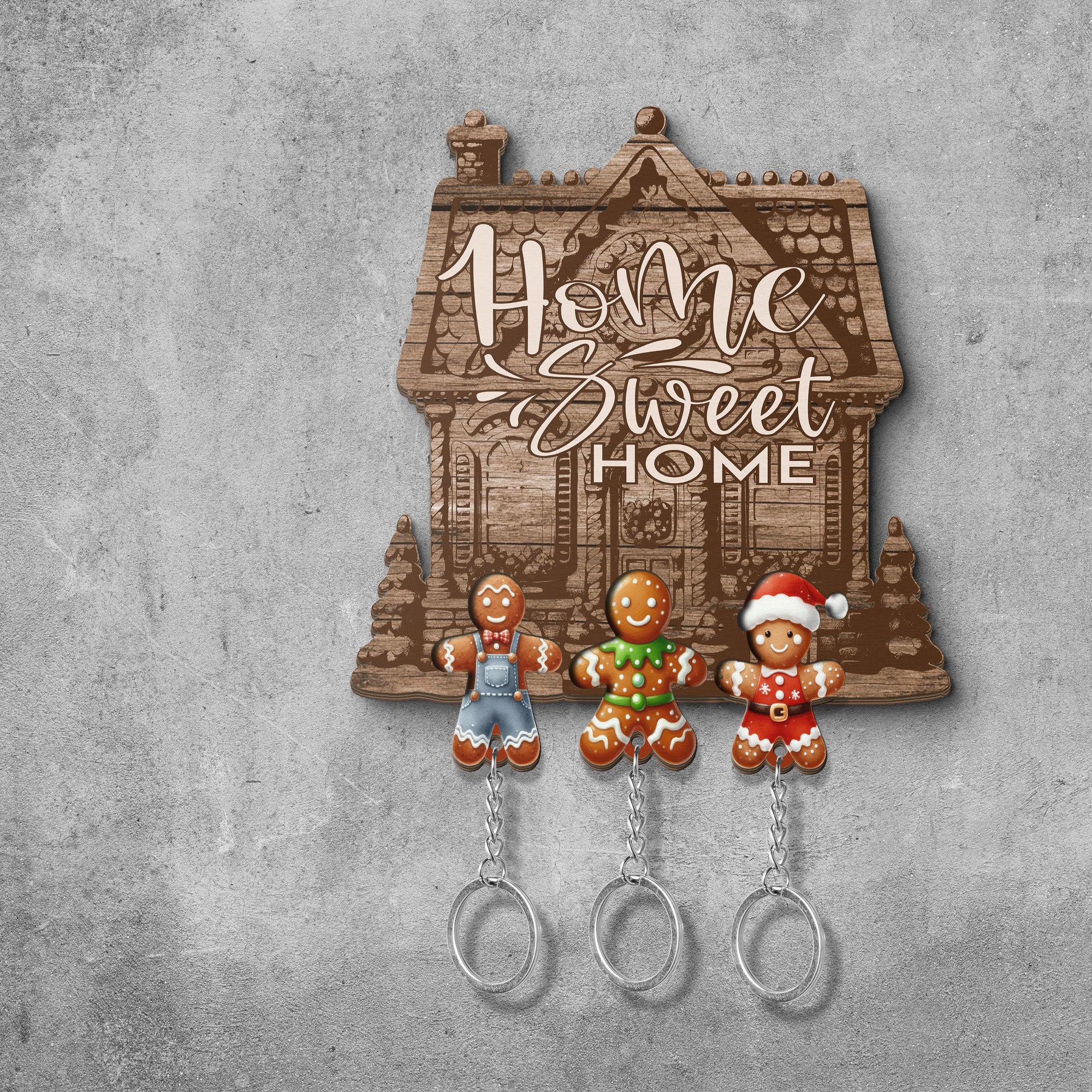 Wooden Key Holder for wall - Unique Housewarming Gift | Useful Key Ring Organizer - Gingerbread men