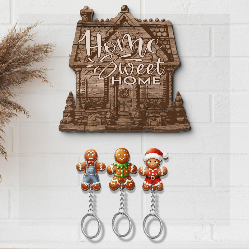 Wooden Key Holder for wall - Unique Housewarming Gift | Useful Key Ring Organizer - Gingerbread men