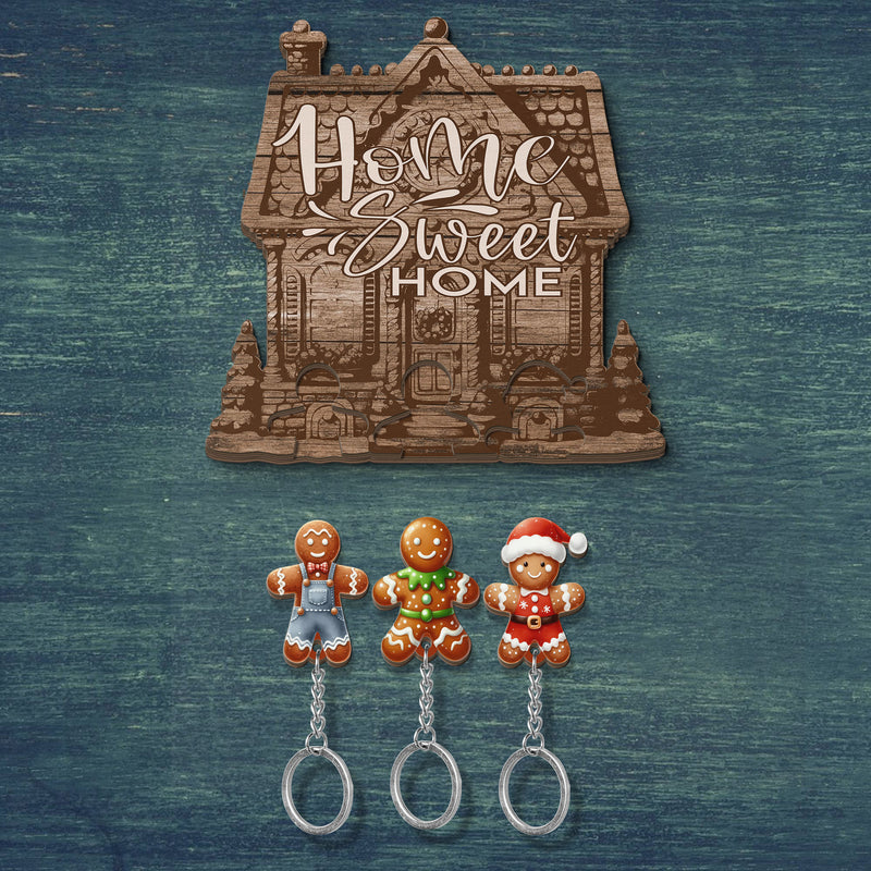 Wooden Key Holder for wall - Unique Housewarming Gift | Useful Key Ring Organizer - Gingerbread men