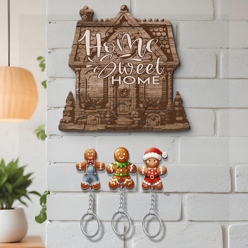 Wooden Key Holder for wall - Unique Housewarming Gift | Useful Key Ring Organizer - Gingerbread men