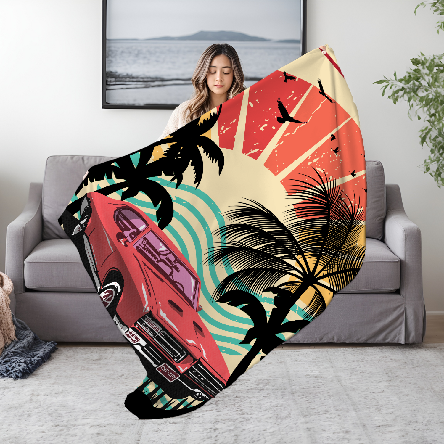 Grandparent day gift for Gramps | Cozy Sherpa Fleece Blanket for Pawpaw | Cool gift for Grandpa who has everything | Sunset Vintage Car