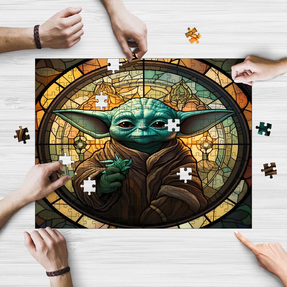 Green Fantasy Sage Stained Glass wooden jigsaw puzzle being assembled on a table