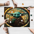 Green Fantasy Sage Stained Glass wooden jigsaw puzzle being assembled on a table