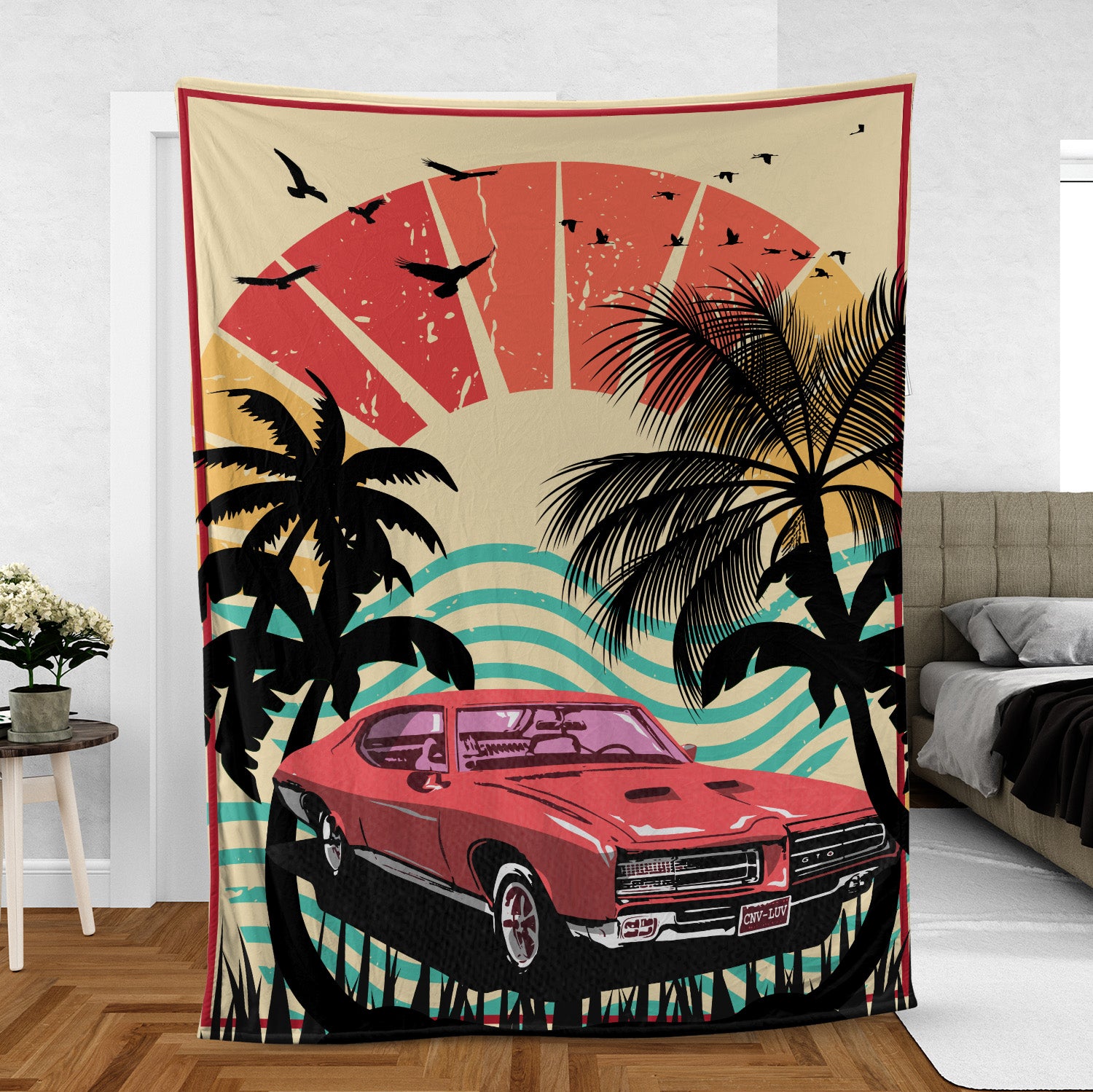 Grandparent day gift for Gramps | Cozy Sherpa Fleece Blanket for Pawpaw | Cool gift for Grandpa who has everything | Sunset Vintage Car
