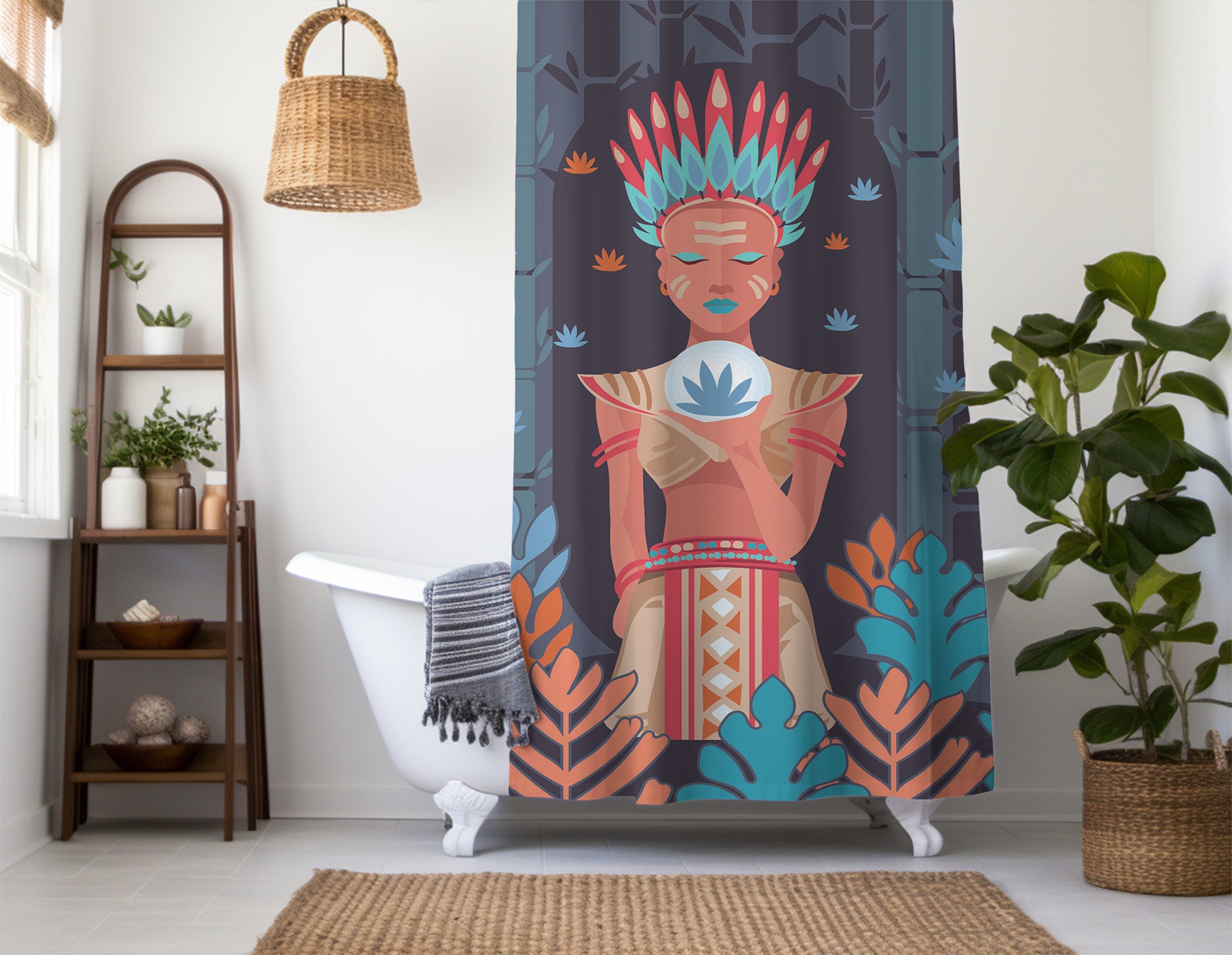 Indigenous Ethnic Shower Curtain, 100% polyester, Water and Mildew Resistant, Colorful Vibrant designs in Multiple sizes