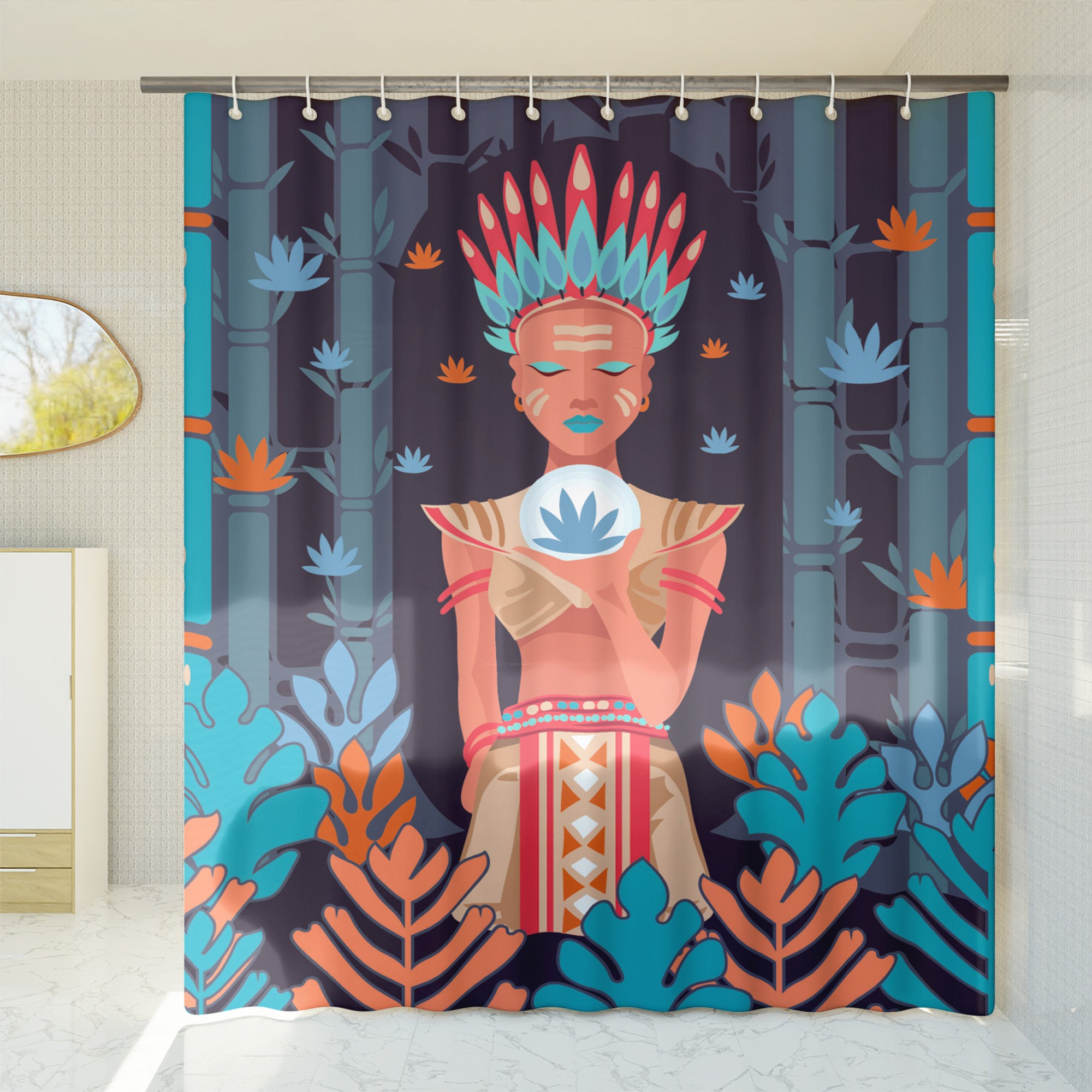 Indigenous Ethnic Shower Curtain, 100% polyester, Water and Mildew Resistant, Colorful Vibrant designs in Multiple sizes