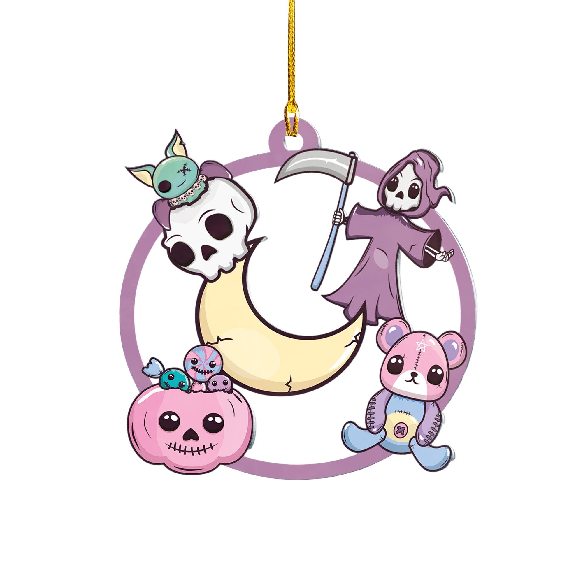 Decorative ornament with cartoon-style characters including a skull, pink bear, and skeleton on a crescent moon against a blue background.