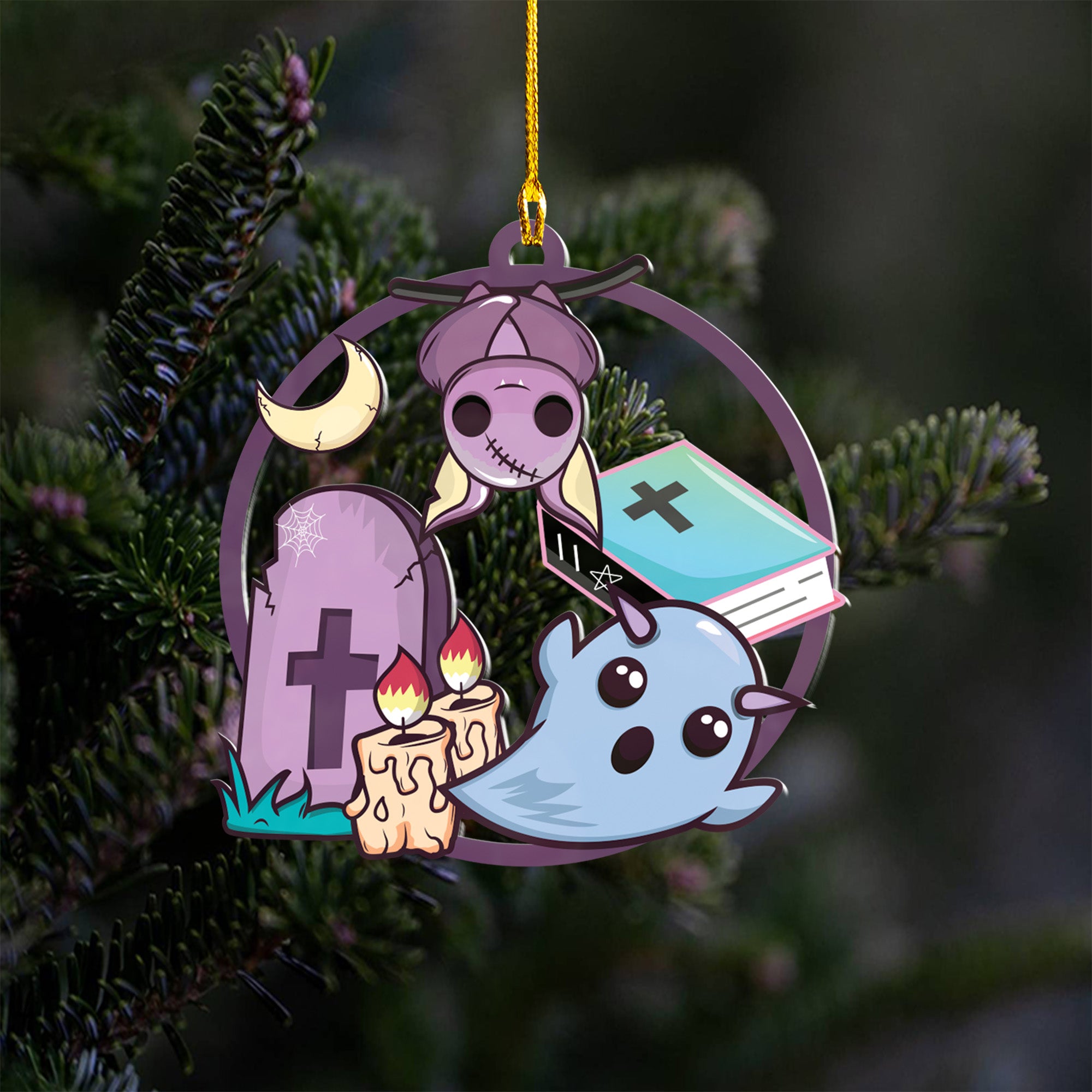 Decorative ornament with cartoon characters on a tree branch