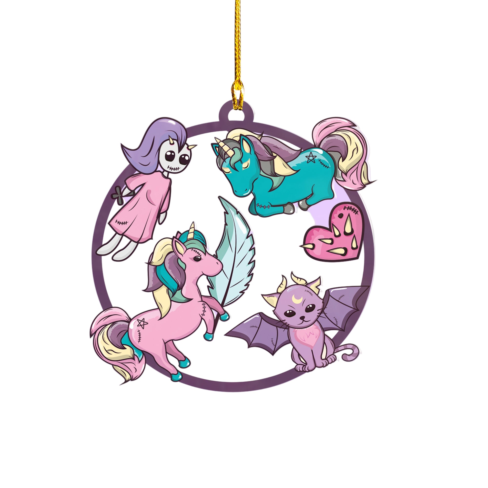 Circular design with cartoon characters on a white background