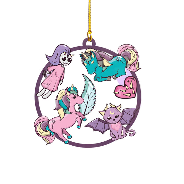 Circular design with cartoon characters on a white background