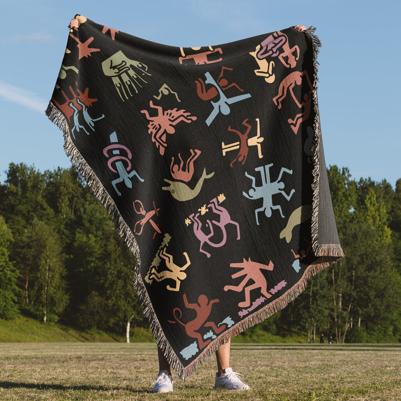 Luxurious Cotton Woven Tapestry Throw Blanket | Keith Haring Abstract Art Pattern