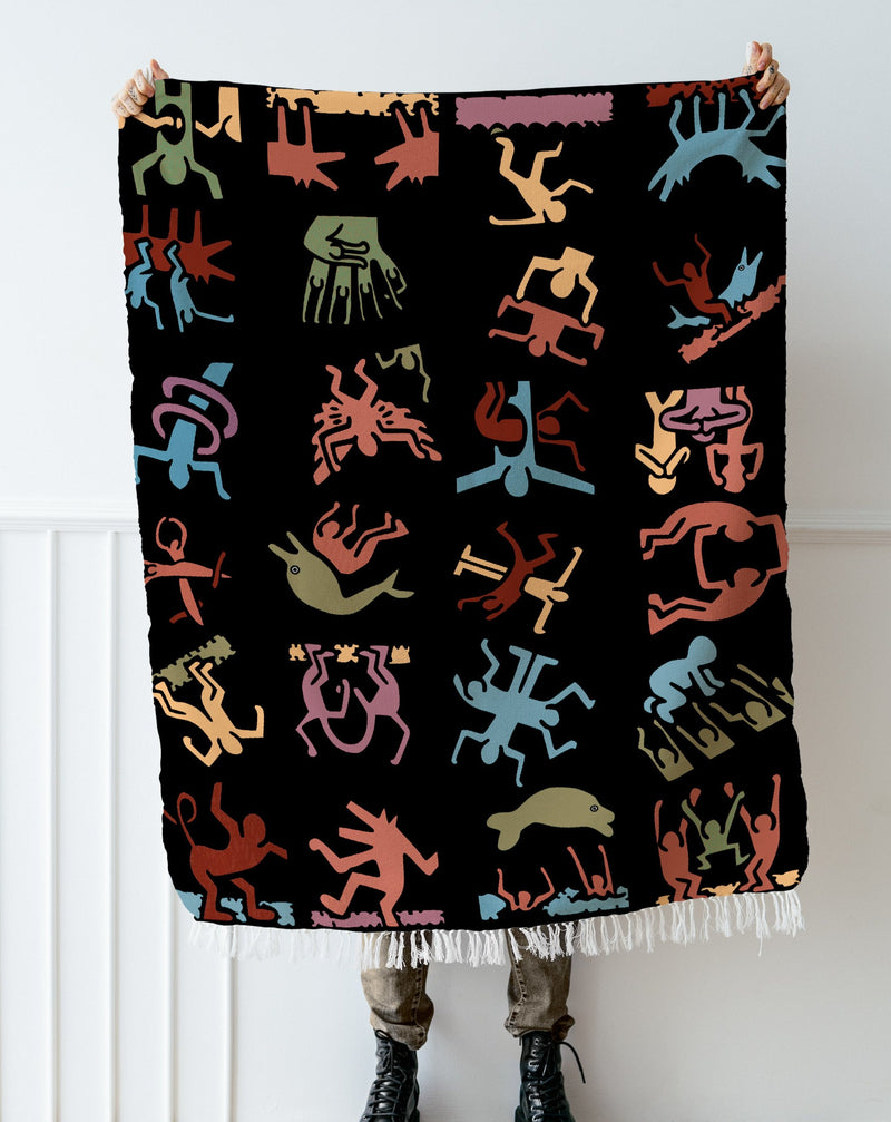 Luxurious Cotton Woven Tapestry Throw Blanket | Keith Haring Abstract Art Pattern