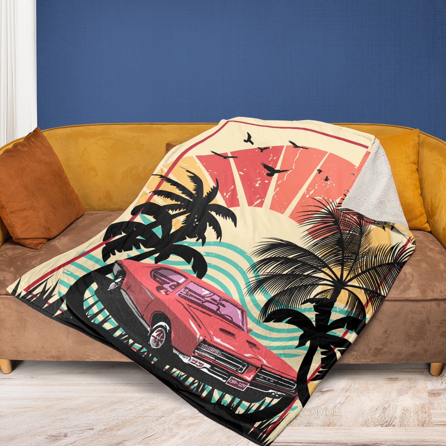 Grandparent day gift for Gramps | Cozy Sherpa Fleece Blanket for Pawpaw | Cool gift for Grandpa who has everything | Sunset Vintage Car