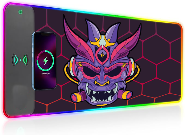 Wireless Charging Mouse Pad with RGB lighting | Waterproof | Oversized | Vibrant Prints | Japanese Oni Mask