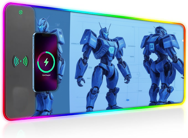 Wireless Charging Mouse Pad with RGB lighting | Waterproof | Oversized | Vibrant Prints | Cyber Mecha Blueprint