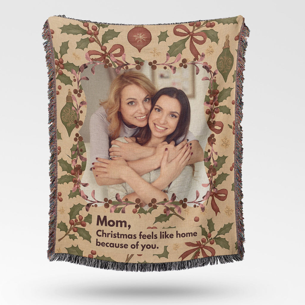 Personalized vintage Christmas photo blanket for Mom with custom family picture