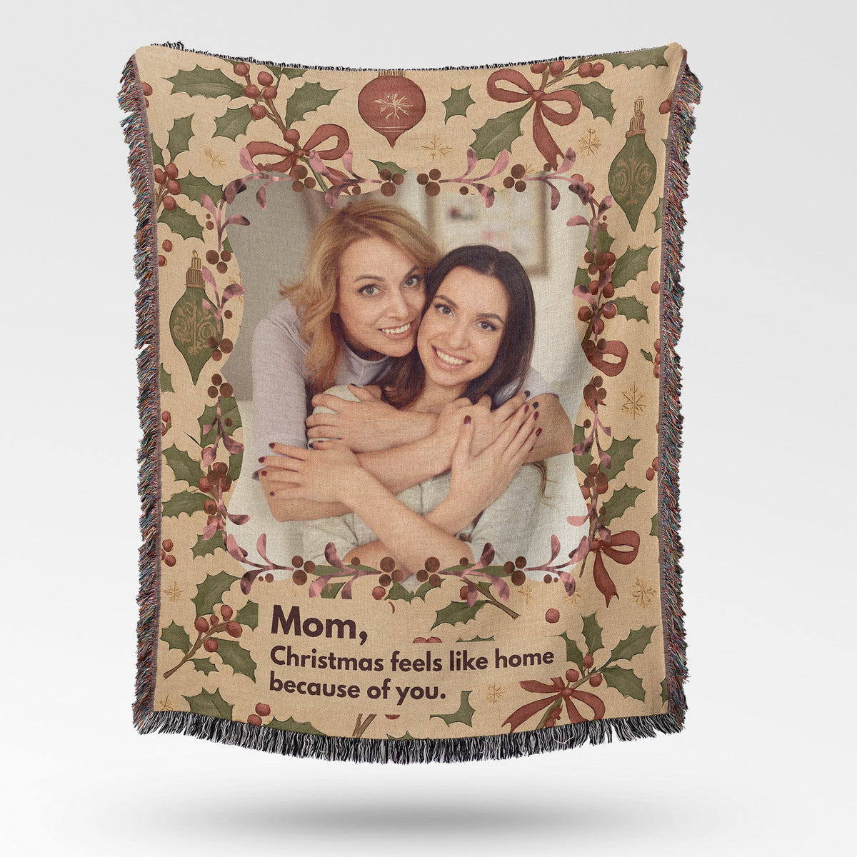 Personalized vintage Christmas photo blanket for Mom with custom family picture