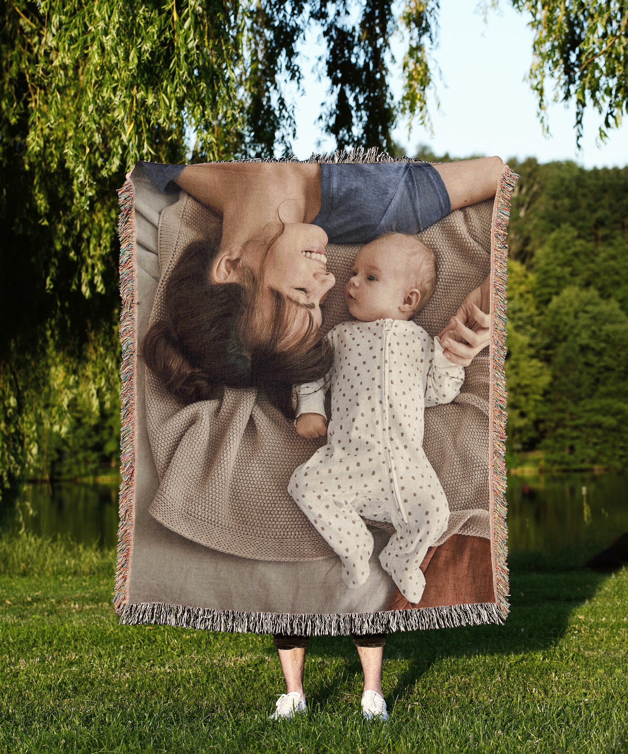 Throw Blanket, 100% Cotton Woven, Personalized Mothers Day Decor Woven Tapestry, Custom Image 2-Inch Fringe Detail, Vintage Aesthetic