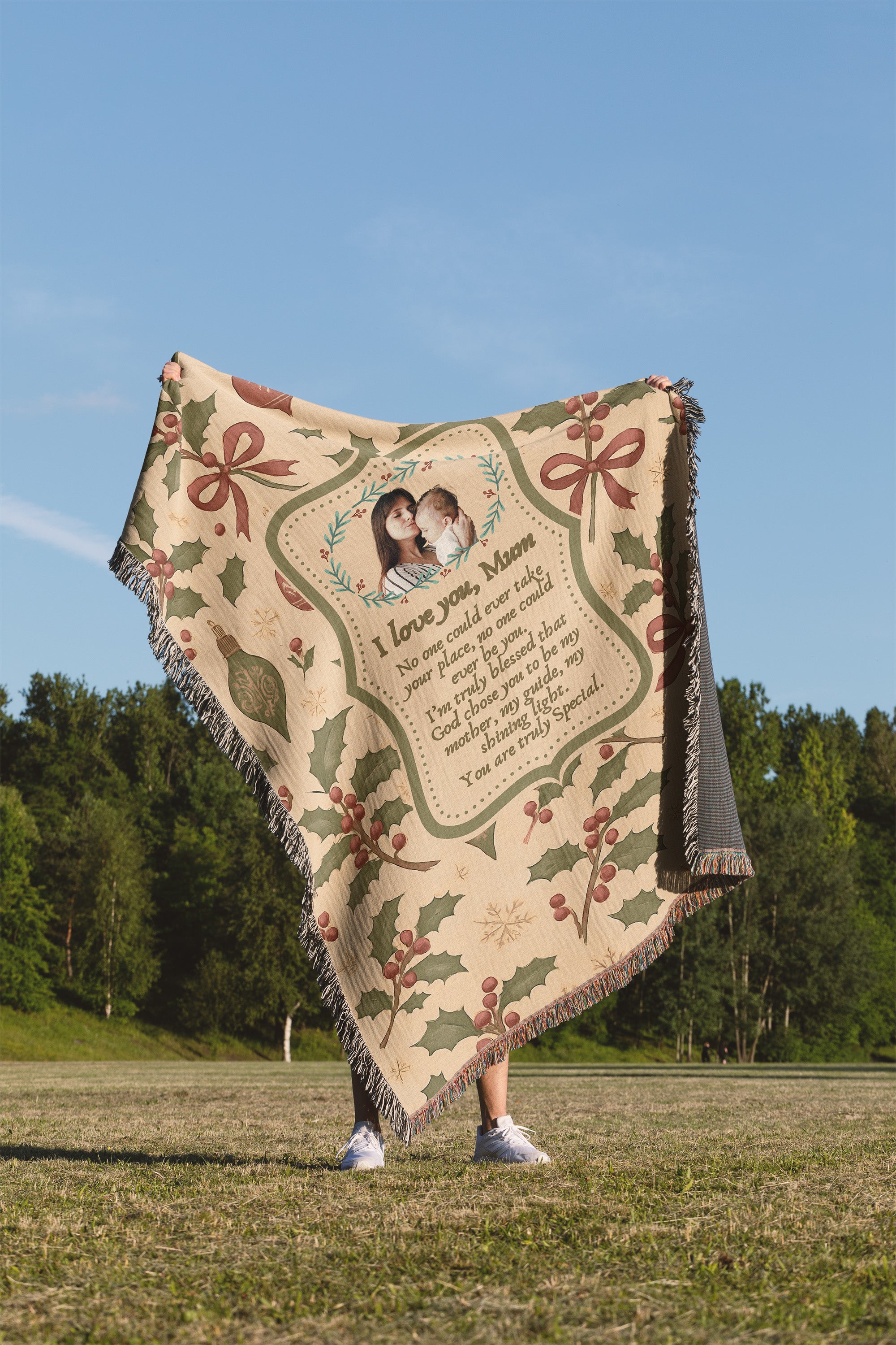 Personalized Keepsake | Heartwarming Gift for Christmas| Luxurious 100% Cotton Woven Tapestry Blanket Throw | Photo Blanket for Mom