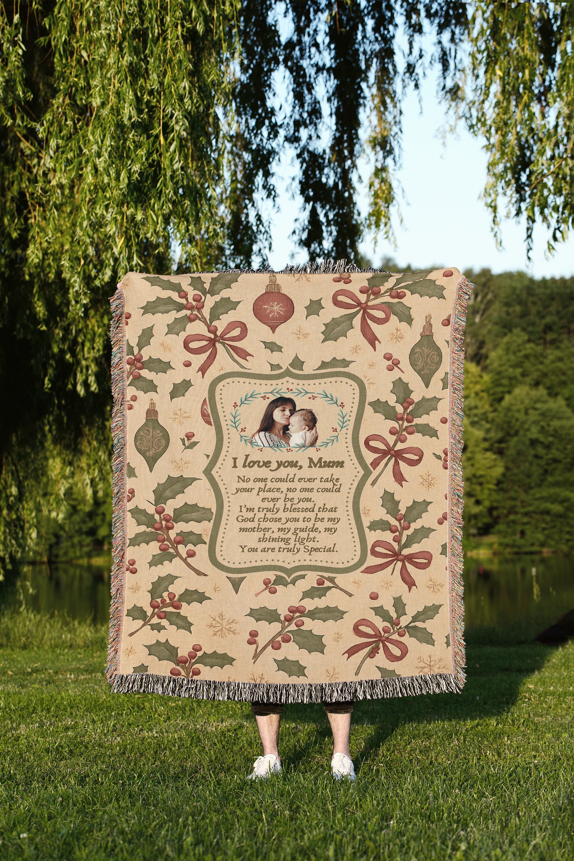 Personalized Keepsake | Heartwarming Gift for Christmas| Luxurious 100% Cotton Woven Tapestry Blanket Throw | Photo Blanket for Mom