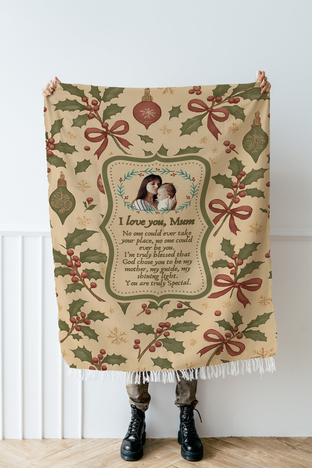 Personalized Keepsake | Heartwarming Gift for Christmas| Luxurious 100% Cotton Woven Tapestry Blanket Throw | Photo Blanket for Mom
