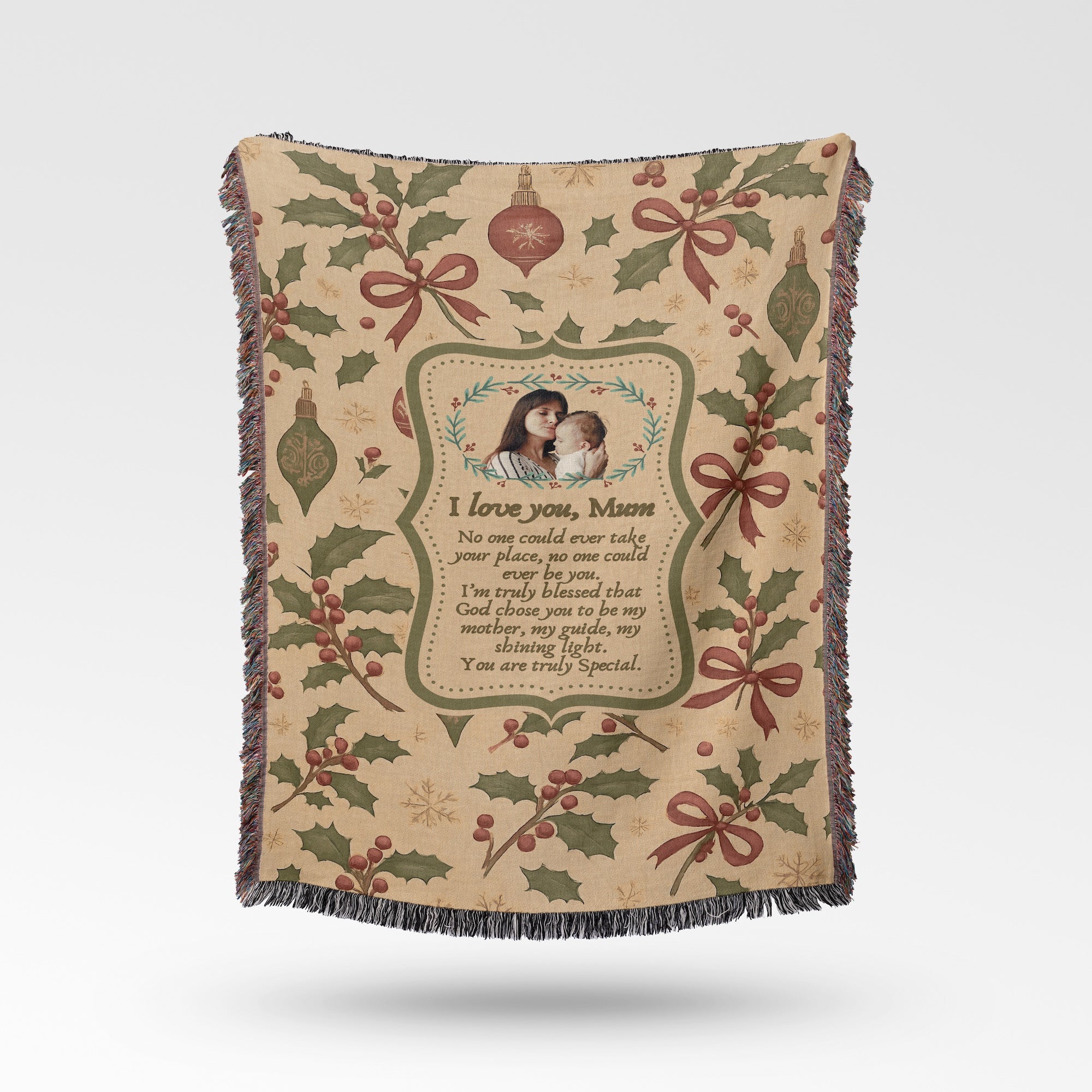 Personalized Keepsake | Heartwarming Gift for Christmas| Luxurious 100% Cotton Woven Tapestry Blanket Throw | Photo Blanket for Mom