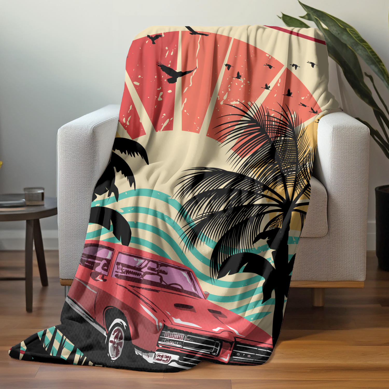 Grandparent day gift for Gramps | Cozy Sherpa Fleece Blanket for Pawpaw | Cool gift for Grandpa who has everything | Sunset Vintage Car