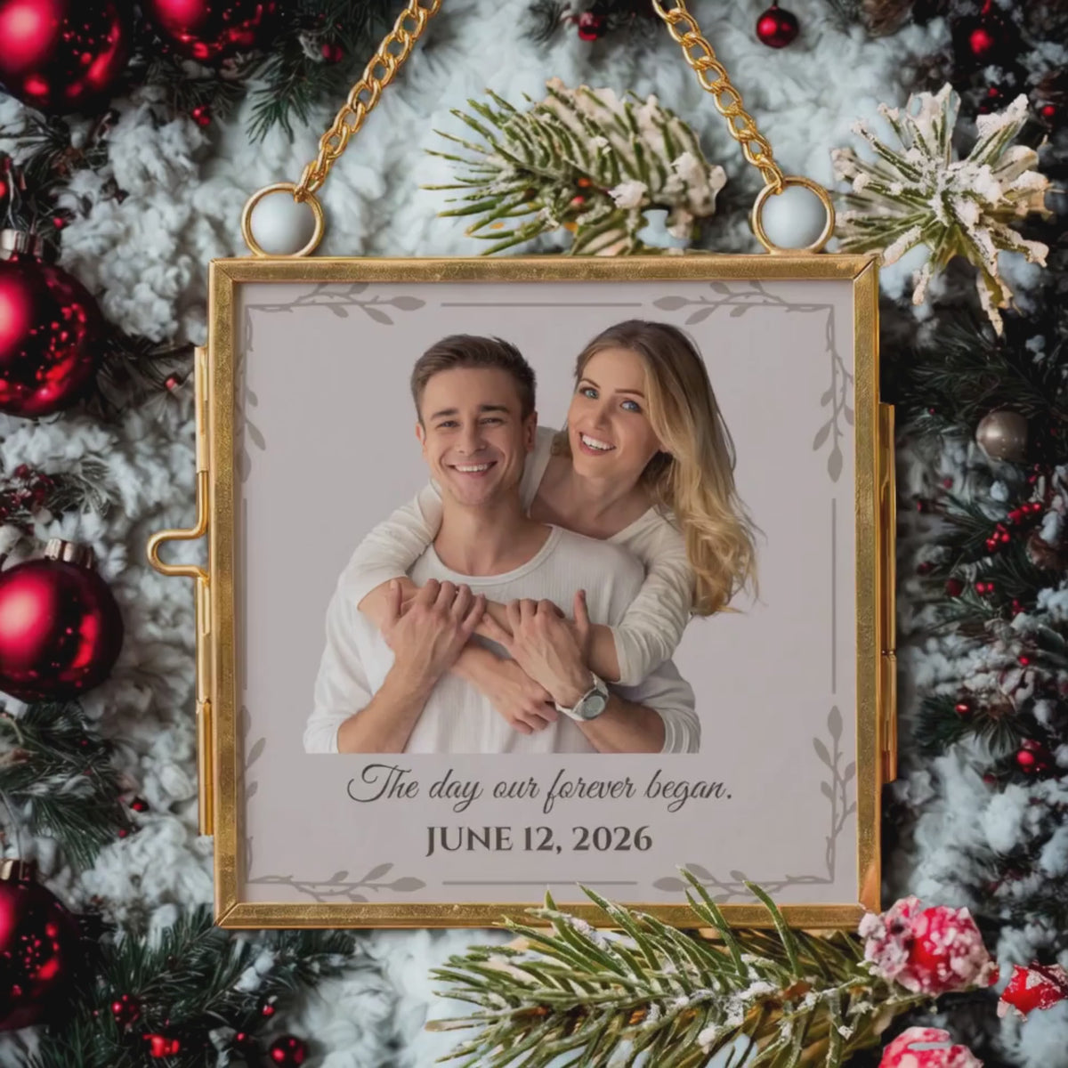 First Christmas Married Ornament – Personalized Double-Sided Photo Keepsake