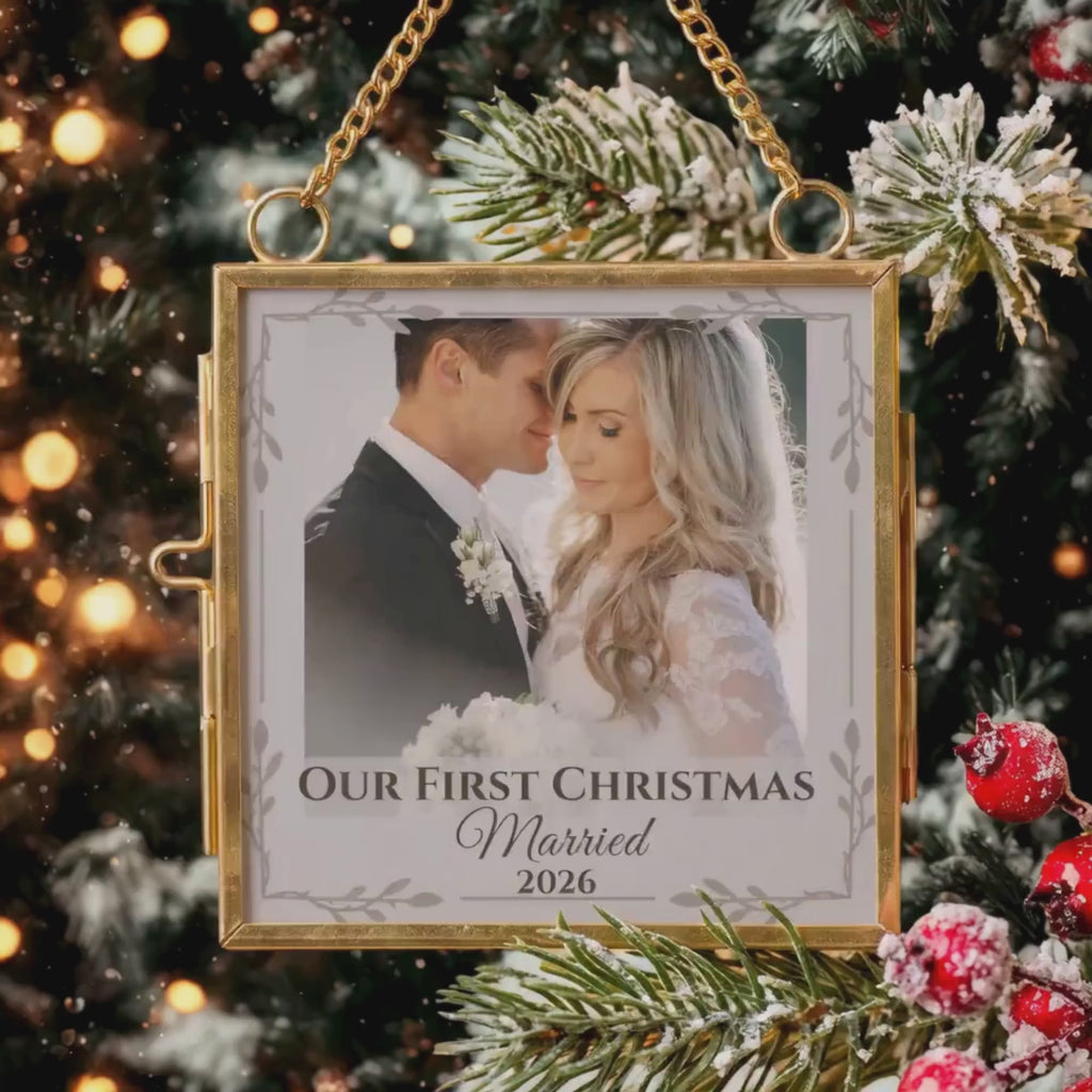 First Christmas Married Ornament – Personalized Double-Sided Photo Keepsake