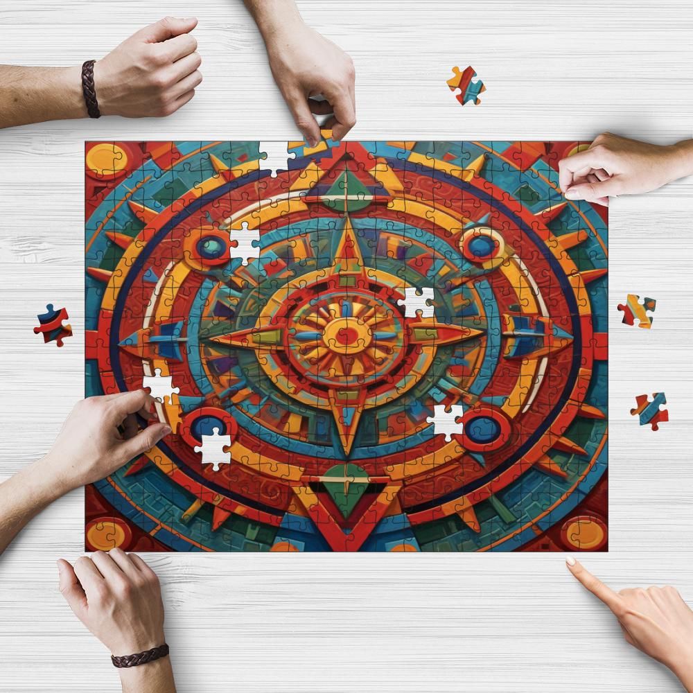 Abstract Geometric Pattern wooden jigsaw puzzle being assembled on a table