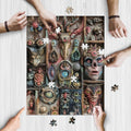 Surreal Eyes Curiosity Cabinet wooden jigsaw puzzle being assembled on a table