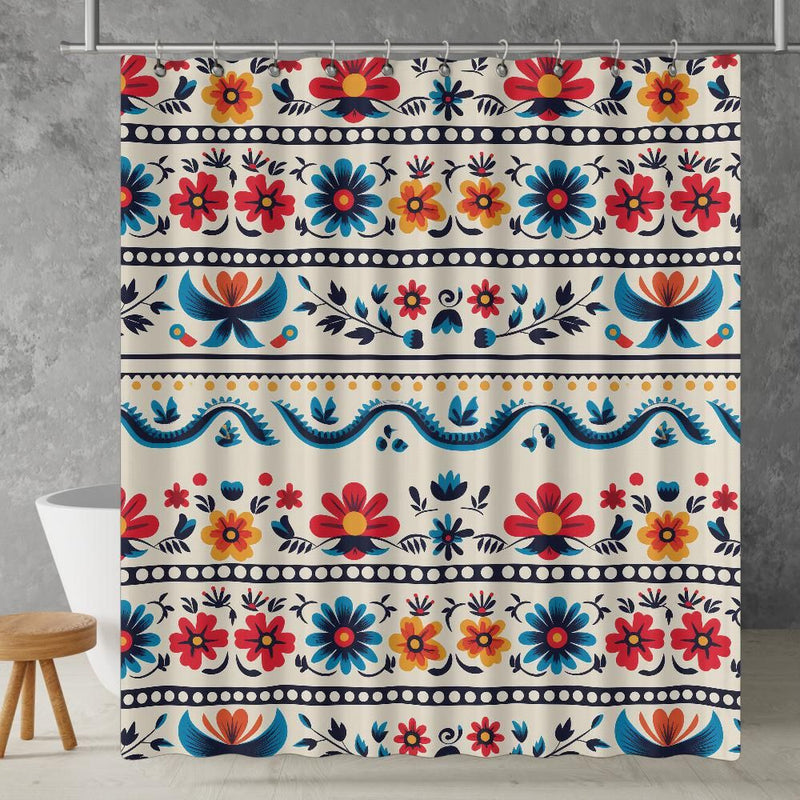 Traditional Mexican Floral Art Shower Curtain | Lightweight 100% Polyester, Water and Mildew Resistant, Multiple sizes with Hooks