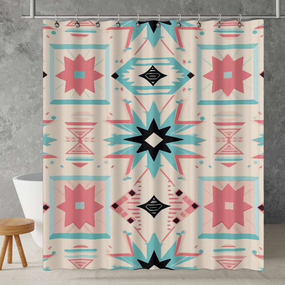 pastel pink aztec shower curtain styled bathroom display