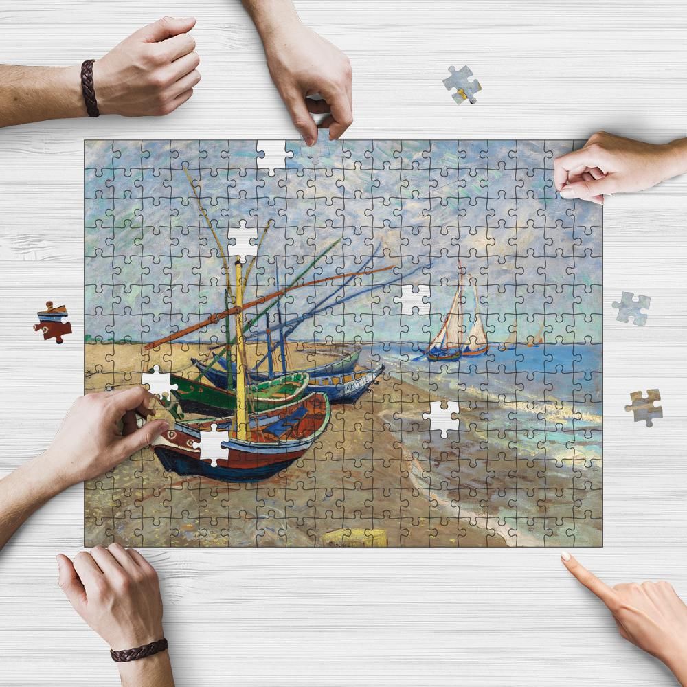 Vintage Harbour Boats wooden jigsaw puzzle being assembled on a table