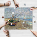 Vintage Harbour Boats wooden jigsaw puzzle being assembled on a table