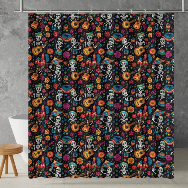 Vibrant Mexican Day of the Dead Shower Curtain |Lightweight 100% Polyester, Water and Mildew Resistant, Multiple sizes with Hooks