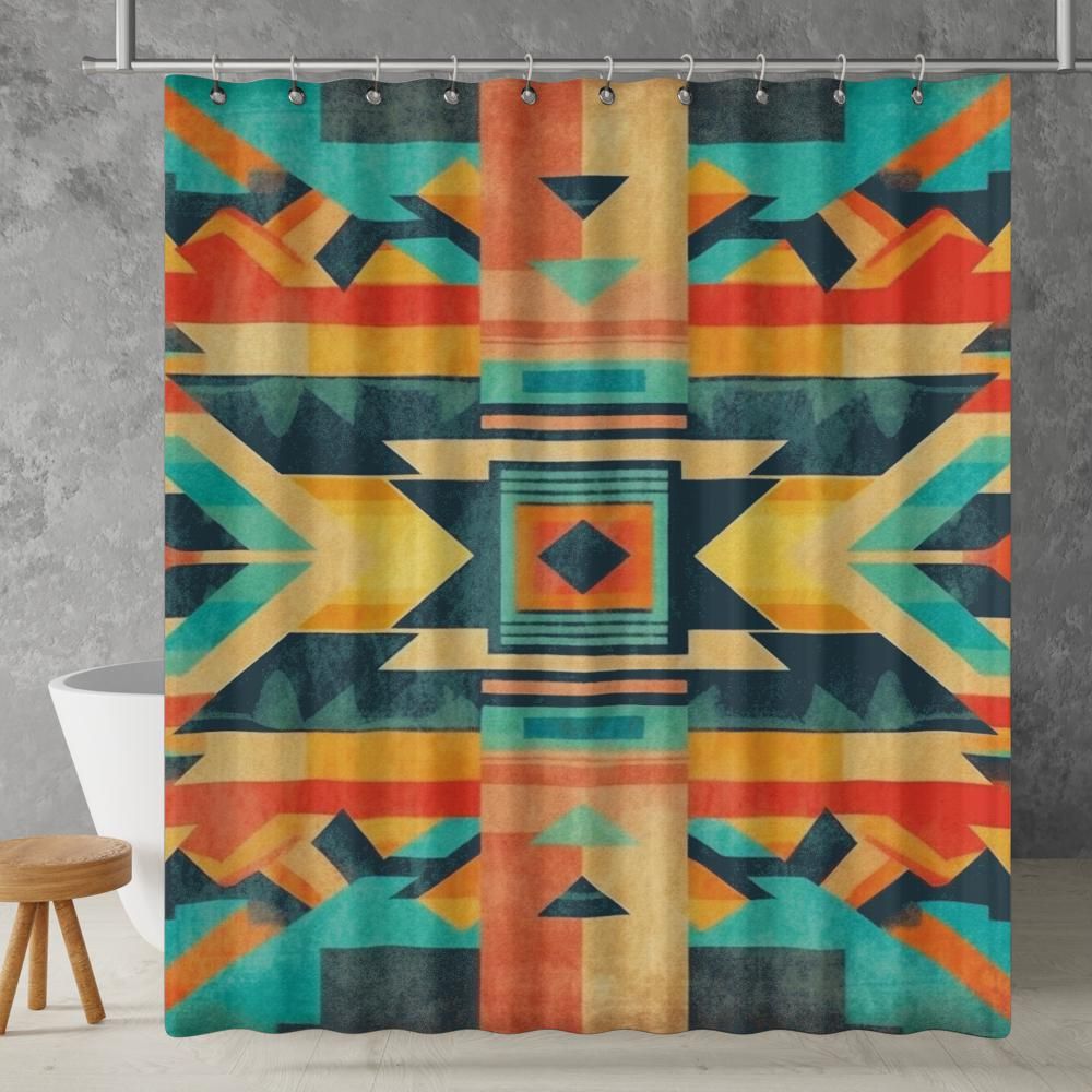 Aztec Western Shower Curtain Boho Abstract Grunge Geometric Colorful Pattern, Lightweight 100% Polyester, Water and Mildew Resistant, Multiple sizes with Hooks