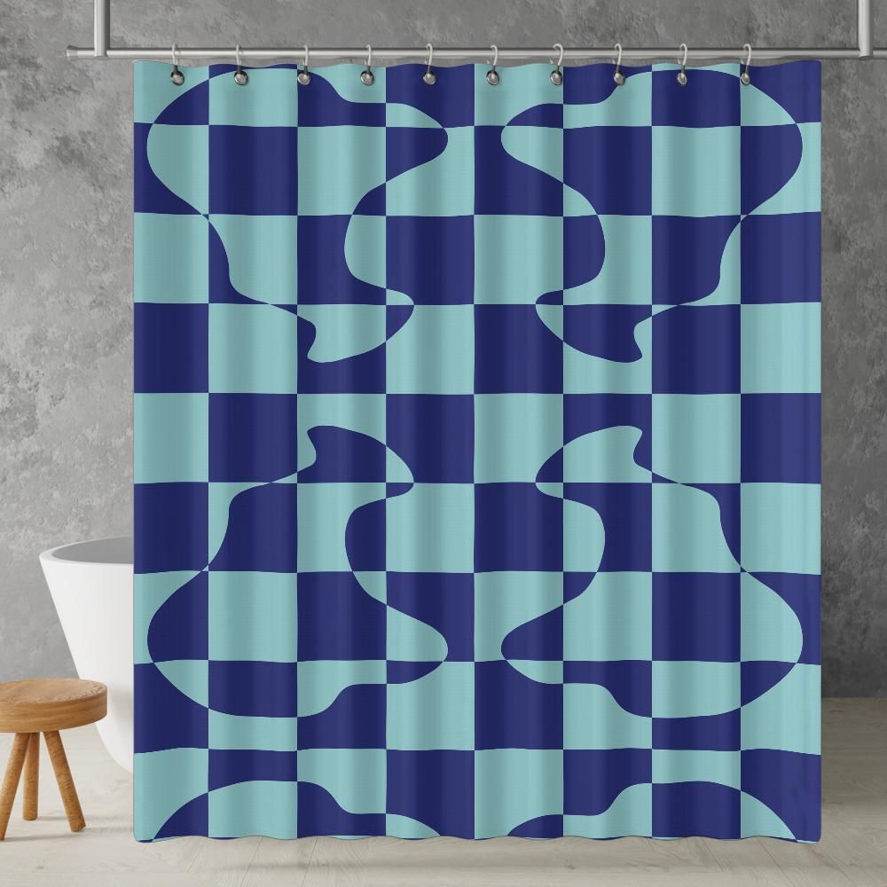 Checkered Shower Curtain: Blue Cyan Abstract Geometric Minimalist Aesthetic, Machine Washable, Lightweight Polyester, Water & Mildew Resistant, Multiple Sizes with Hooks