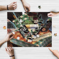 Vintage Geometric Abstract wooden jigsaw puzzle being assembled on a table
