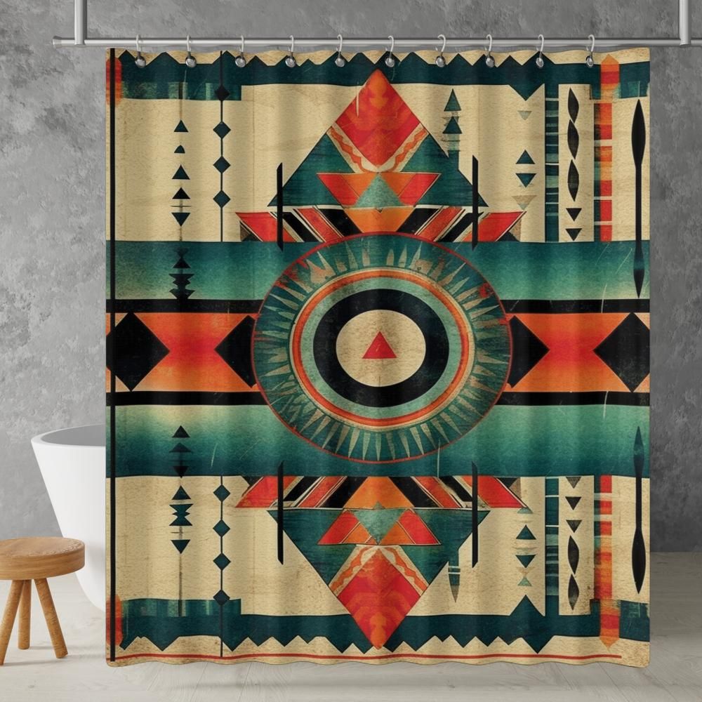 Aztec Western Shower Curtain Boho Grunge Geometric Colorful Abstract Pattern, Lightweight 100% Polyester, Water and Mildew Resistant, Multiple sizes with Hooks