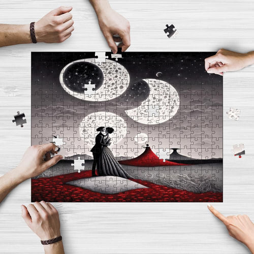 Alien Love Moonlit wooden jigsaw puzzle being assembled on a table