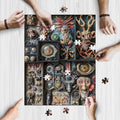 Surreal Creatures Curiosity Cabinet wooden jigsaw puzzle being assembled on a table