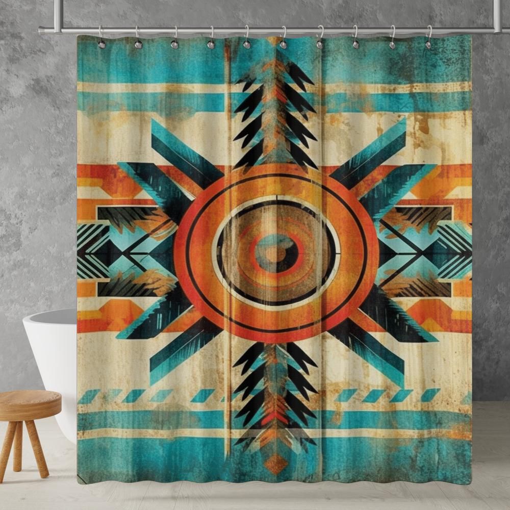 Aztec Western Shower Curtain Colorful Grunge Boho Abstract Geometric Pattern, Lightweight 100% Polyester, Water and Mildew Resistant, Multiple sizes with Hooks