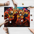 A puzzle with a stained glass art design featuring skeletons in a dance-like pose