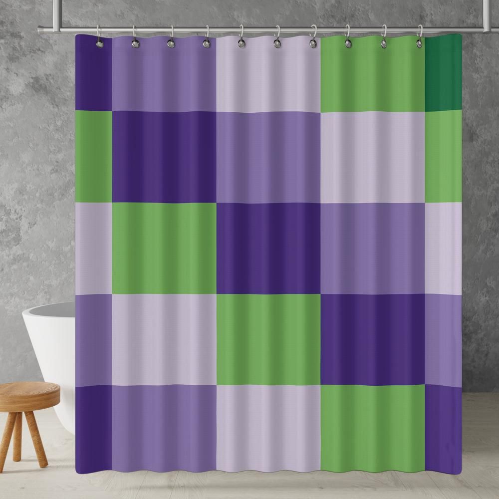 green and purple checkered shower curtain styled bathroom display