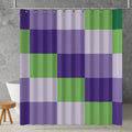 green and purple checkered shower curtain styled bathroom display