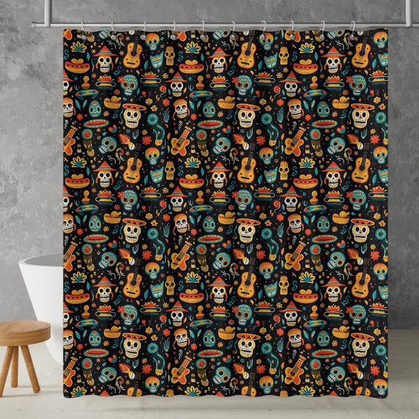 Colorful Mexican Day of the Dead Shower Curtain |Lightweight 100% Polyester, Water and Mildew Resistant, Multiple sizes with Hooks