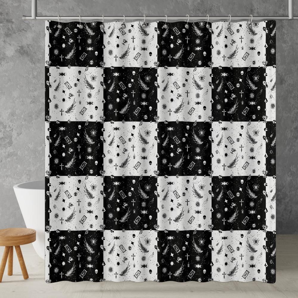 Checkered Shower Curtain: Boho Goth Geometric Black & White Minimalist Vintage Aesthetic, Machine Washable, Lightweight Polyester, Water & Mildew Resistant, Multiple Sizes with Hooks